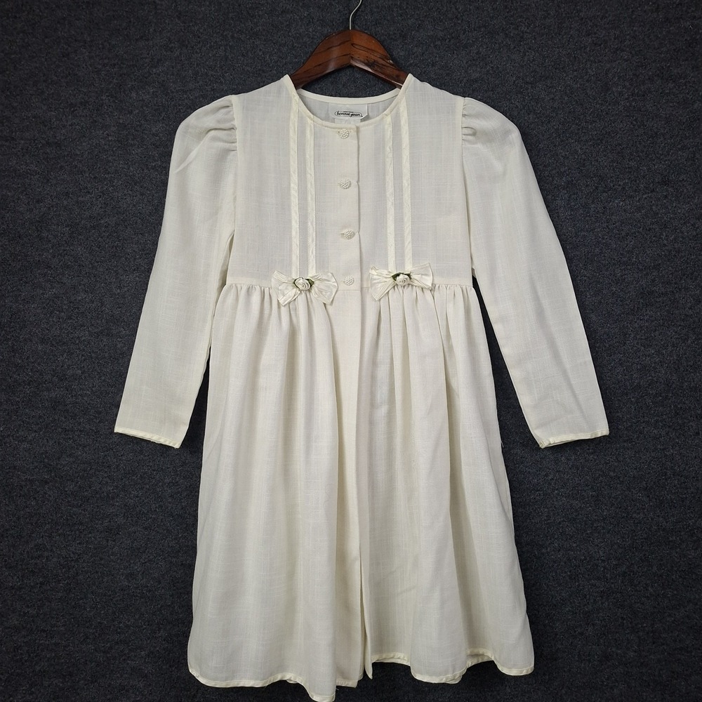 Vintage Bonnie Jean Girls Formal Ivory A-Line Midi Satin Flowers Dress 7